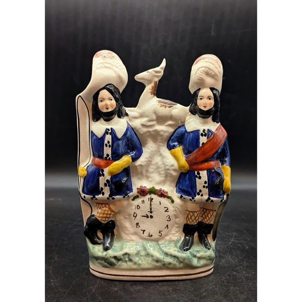 Antique Victorian Staffordshire Hunter Figures with Deer Clock 19th Century 8.75